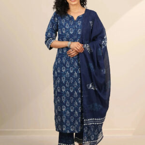 indigo printed cotton straight suit set with dupatta
