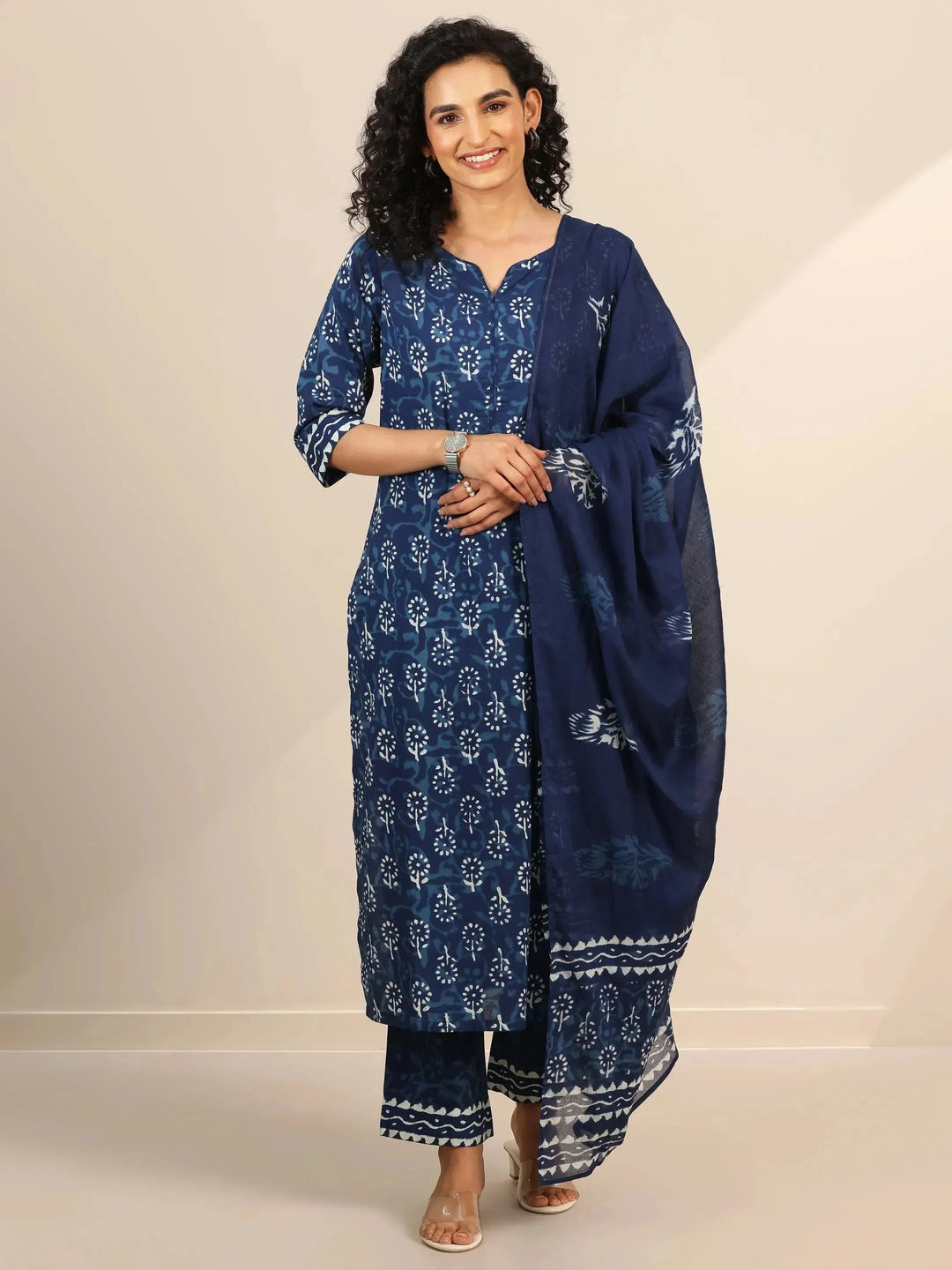 indigo printed cotton straight suit set with dupatta indigo printed cotton straight suit set with dupatta