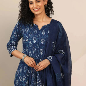 indigo printed cotton straight suit set with dupatta