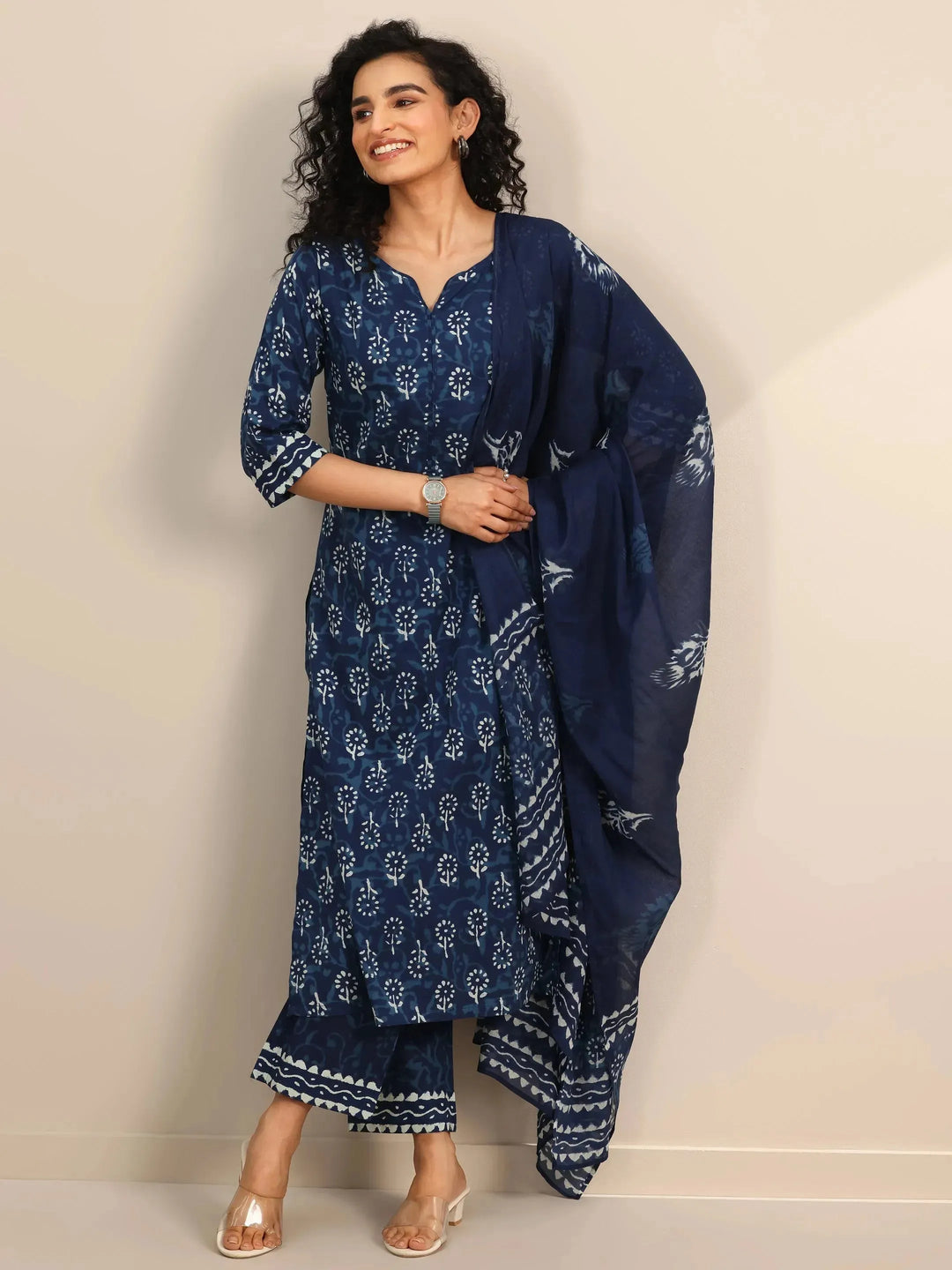 indigo printed cotton straight suit set with dupatta indigo printed cotton straight suit set with dupatta