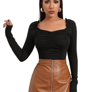 shasmi women's & girl's polyester slim fit full sleeve, sweat hear neck, frill trim ruched crop top