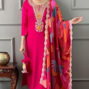 women's trendy fabulous wine v neck embroidered kurta pant dupatta set